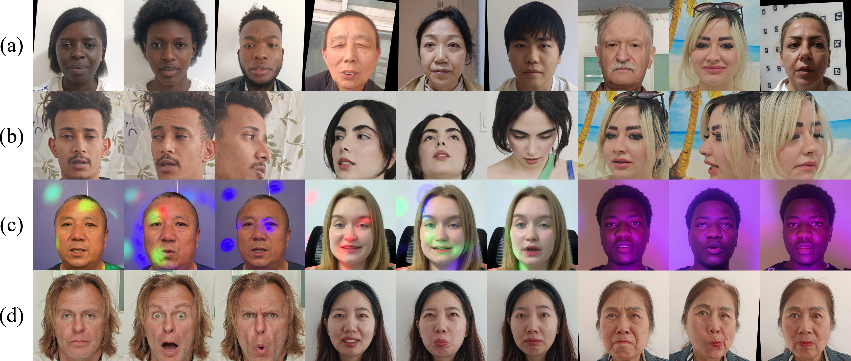 Dataset examples showing ethnicity, pose, illumination, and expression variations.